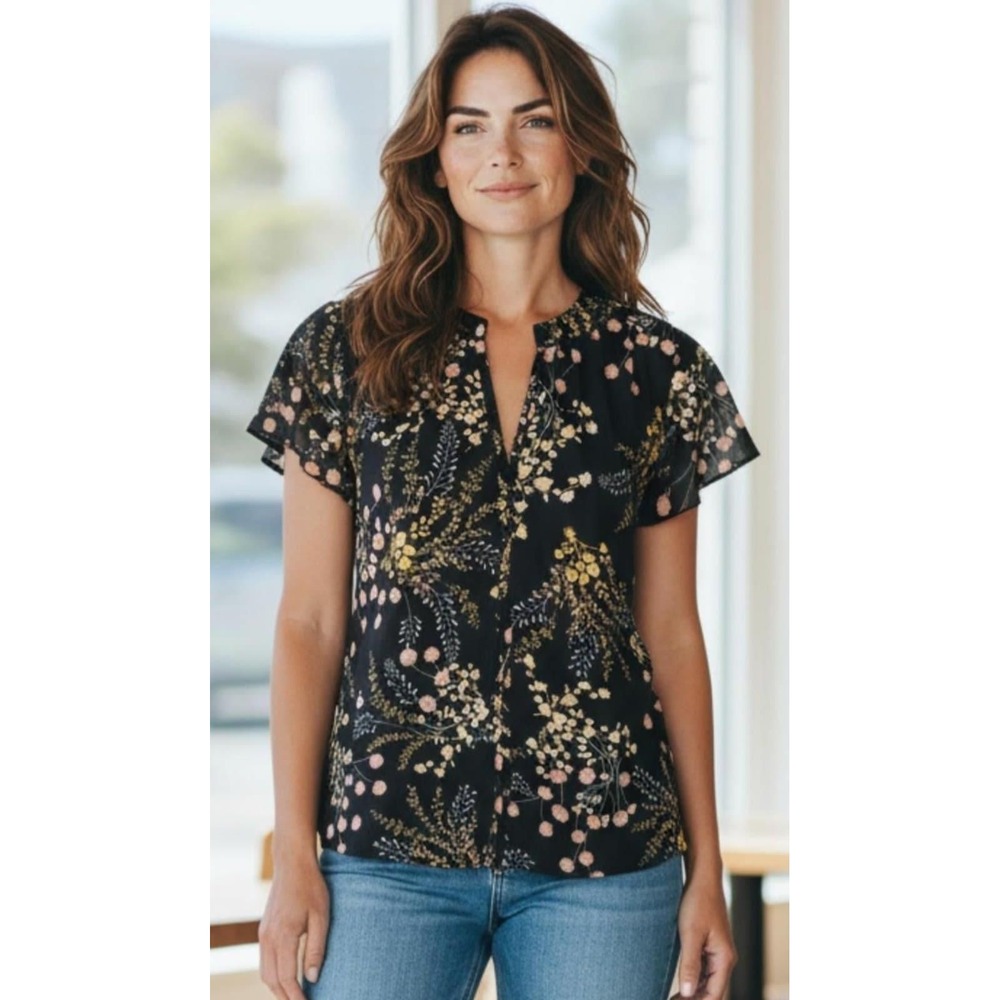 Philosophy Republic Clothing Floral Split Neck Blouse Black Cuffed Cap Sleeve M